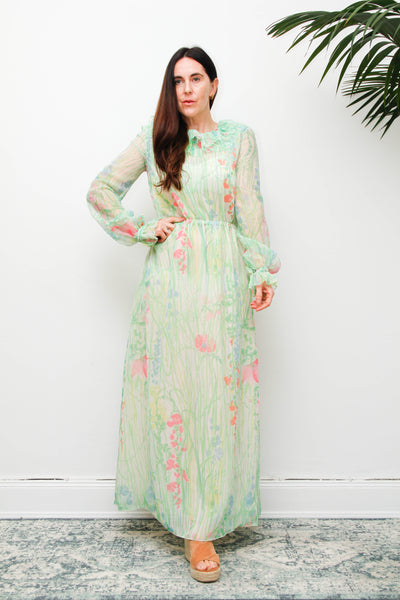 Vintage 1970s Pastel Floral Maxi Dress with Billowing Sleeves