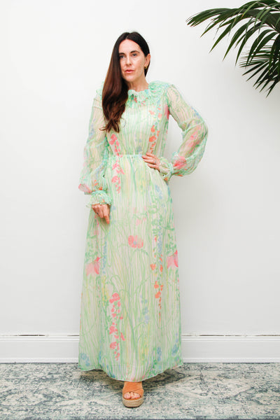 Vintage 1970s Pastel Floral Maxi Dress with Billowing Sleeves