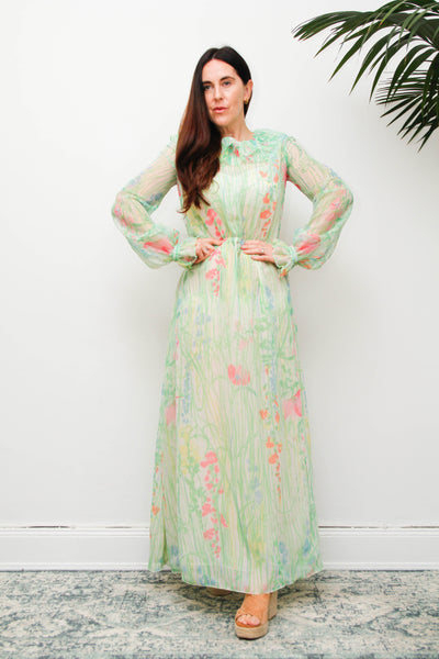 Vintage 1970s Pastel Floral Maxi Dress with Billowing Sleeves