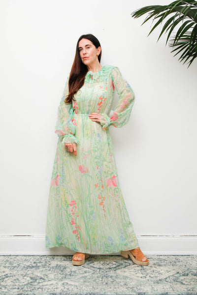 Vintage 1970s Pastel Floral Maxi Dress with Billowing Sleeves