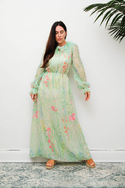 Vintage 1970s Pastel Floral Maxi Dress with Billowing Sleeves
