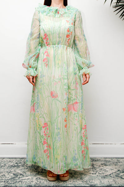 Vintage 1970s Pastel Floral Maxi Dress with Billowing Sleeves