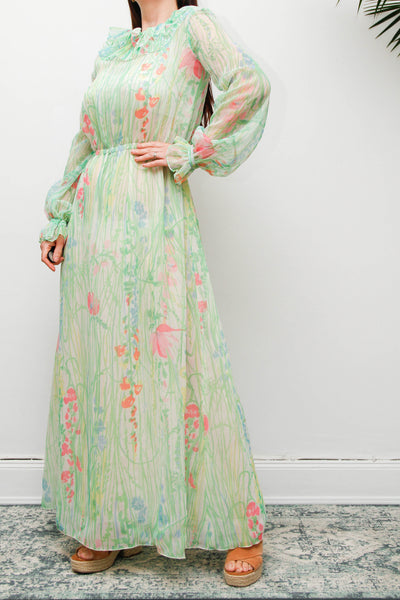 Vintage 1970s Pastel Floral Maxi Dress with Billowing Sleeves