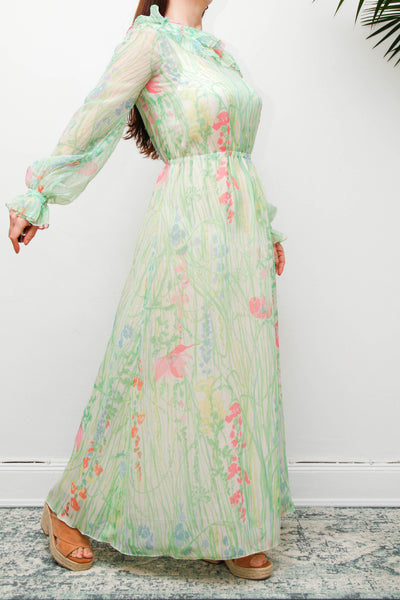 Vintage 1970s Pastel Floral Maxi Dress with Billowing Sleeves