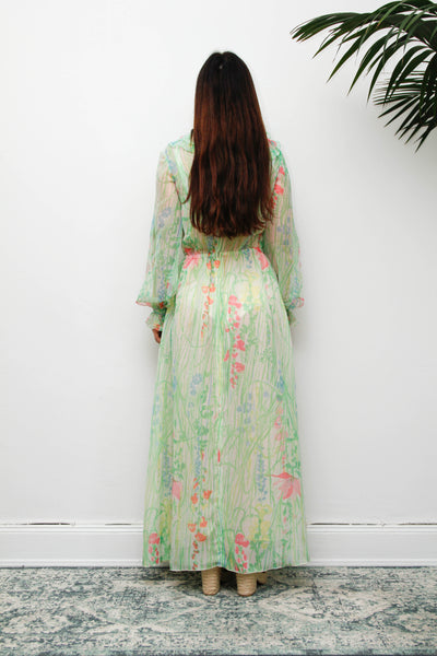 Vintage 1970s Pastel Floral Maxi Dress with Billowing Sleeves