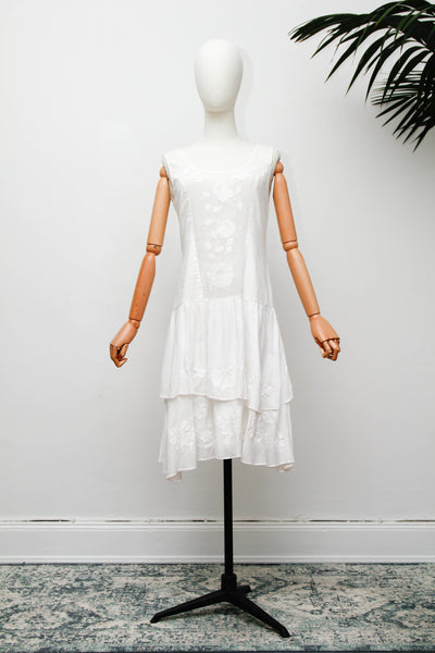 Vintage White Embroidered Cotton  Dress with Button Back Bows