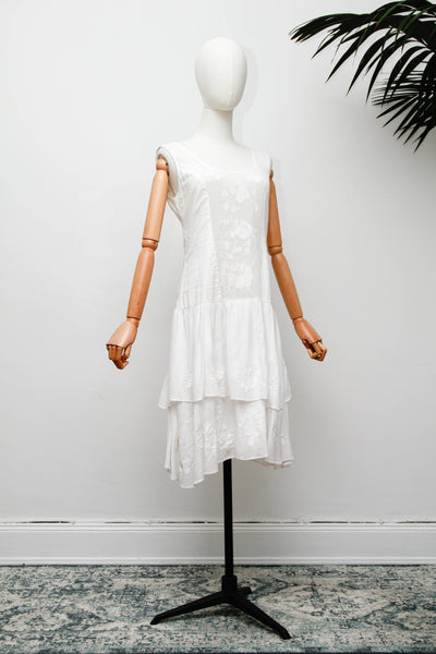 Vintage White Embroidered Cotton  Dress with Button Back Bows