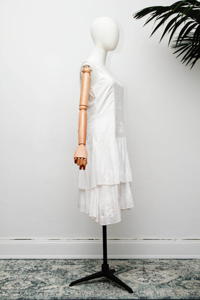 Vintage White Embroidered Cotton  Dress with Button Back Bows