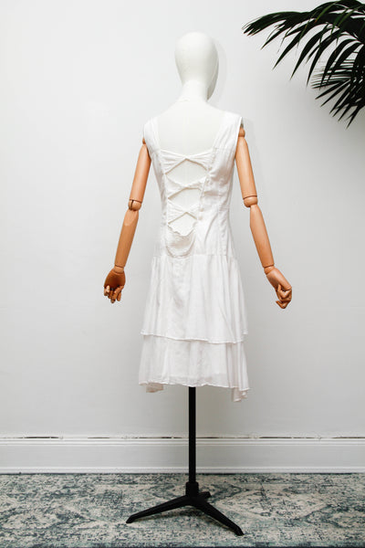 Vintage White Embroidered Cotton  Dress with Button Back Bows