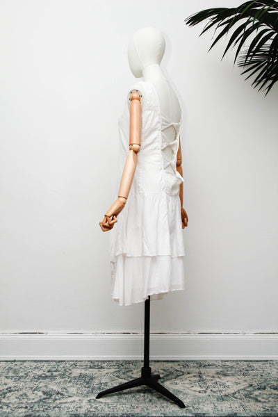 Vintage White Embroidered Cotton  Dress with Button Back Bows