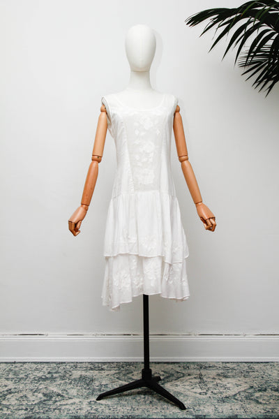 Vintage White Embroidered Cotton  Dress with Button Back Bows