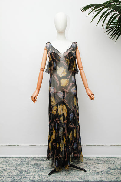 Rare 1930s Silk Floral Bias Cut Cape Dress with Flutter Sleeves
