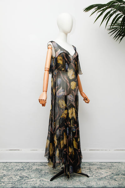 Rare 1930s Silk Floral Bias Cut Cape Dress with Flutter Sleeves