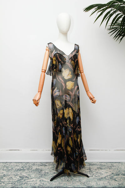 Rare 1930s Silk Floral Bias Cut Cape Dress with Flutter Sleeves