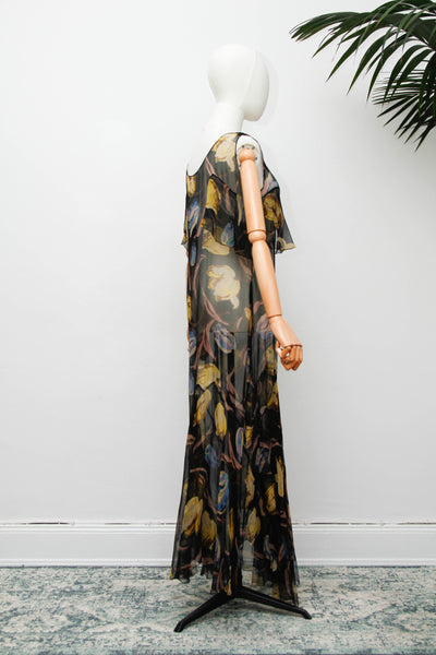Rare 1930s Silk Floral Bias Cut Cape Dress with Flutter Sleeves