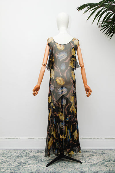 Rare 1930s Silk Floral Bias Cut Cape Dress with Flutter Sleeves
