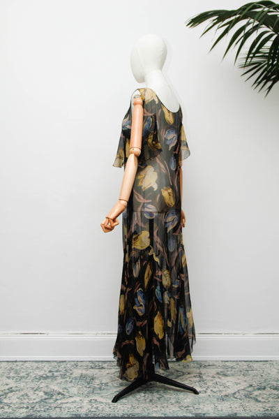 Rare 1930s Silk Floral Bias Cut Cape Dress with Flutter Sleeves