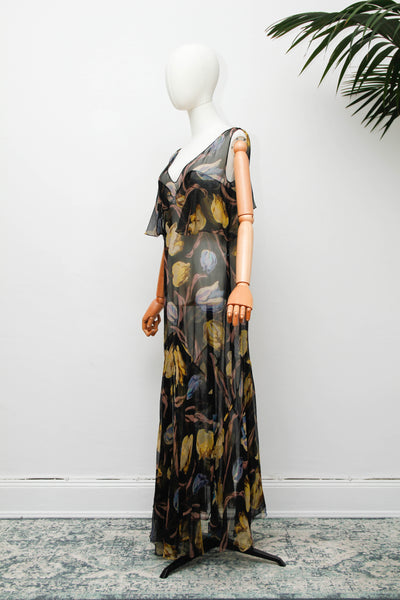 Rare 1930s Silk Floral Bias Cut Cape Dress with Flutter Sleeves