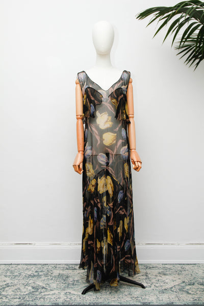 Rare 1930s Silk Floral Bias Cut Cape Dress with Flutter Sleeves