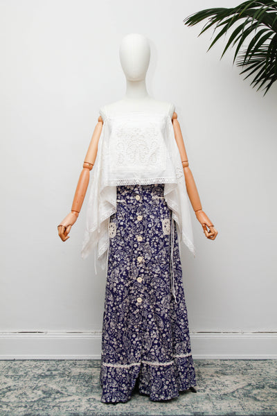 Vintage 1970s Navy Floral Cotton Prairie Maxi Skirt with Crochet Trim
