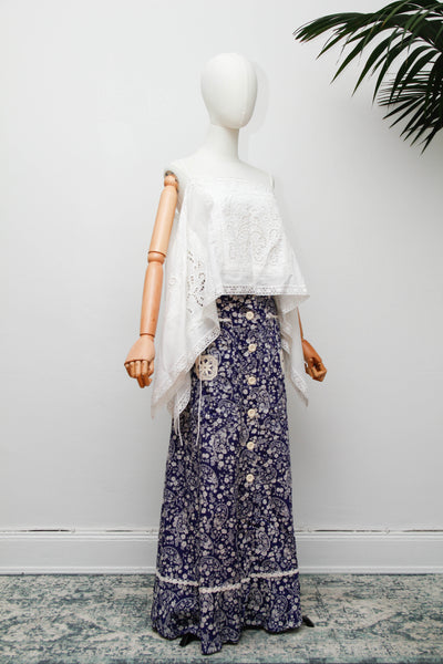 Vintage 1970s Navy Floral Cotton Prairie Maxi Skirt with Crochet Trim