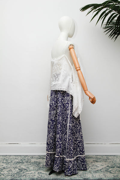 Vintage 1970s Navy Floral Cotton Prairie Maxi Skirt with Crochet Trim