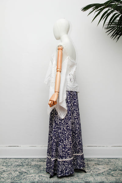 Vintage 1970s Navy Floral Cotton Prairie Maxi Skirt with Crochet Trim
