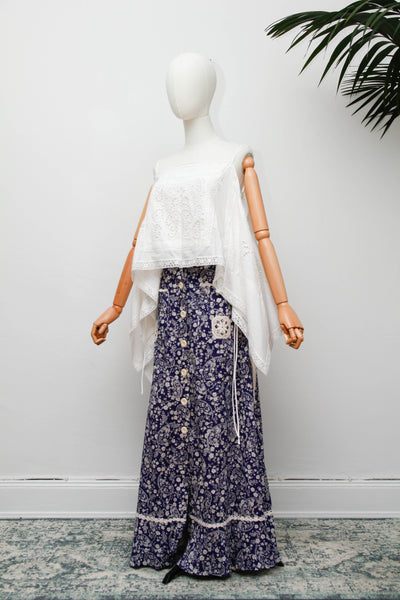 Vintage 1970s Navy Floral Cotton Prairie Maxi Skirt with Crochet Trim