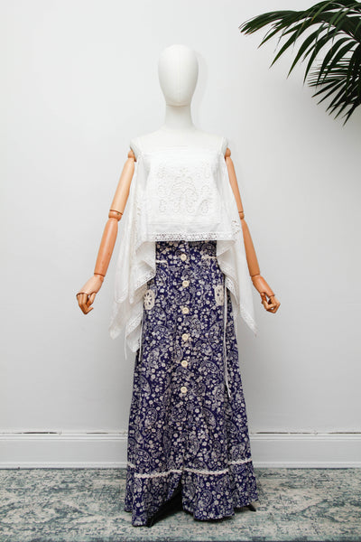Vintage 1970s Navy Floral Cotton Prairie Maxi Skirt with Crochet Trim