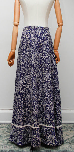 Vintage 1970s Navy Floral Cotton Prairie Maxi Skirt with Crochet Trim