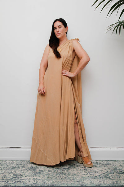 Vintage Cotton Gauze One Shoulder Grecian Maxi Dress