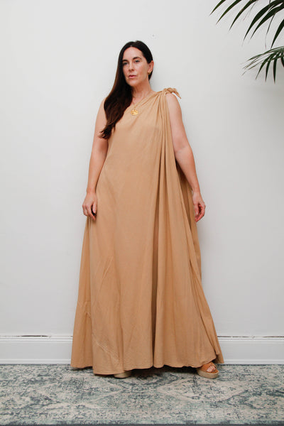 Vintage Cotton Gauze One Shoulder Grecian Maxi Dress