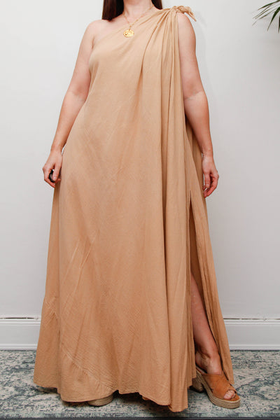 Vintage Cotton Gauze One Shoulder Grecian Maxi Dress