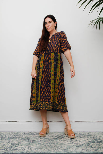 Rare 1970s Indian Block Print Cotton Smock Midi Dress