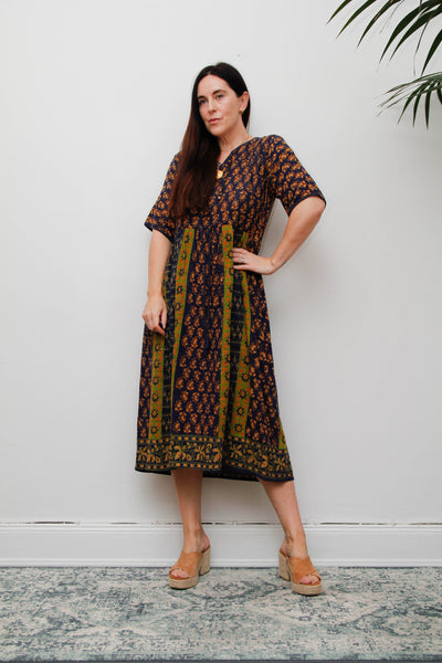 Rare 1970s Indian Block Print Cotton Smock Midi Dress