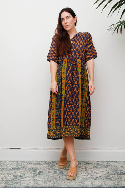 Rare 1970s Indian Block Print Cotton Smock Midi Dress