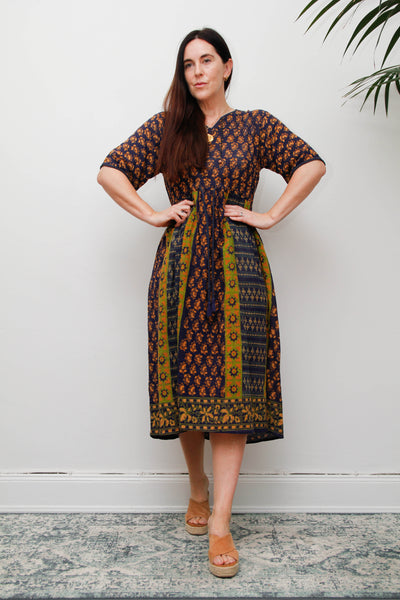 Rare 1970s Indian Block Print Cotton Smock Midi Dress