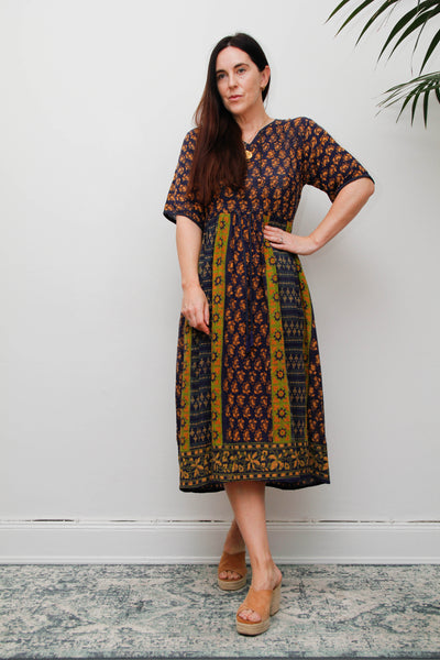 Rare 1970s Indian Block Print Cotton Smock Midi Dress