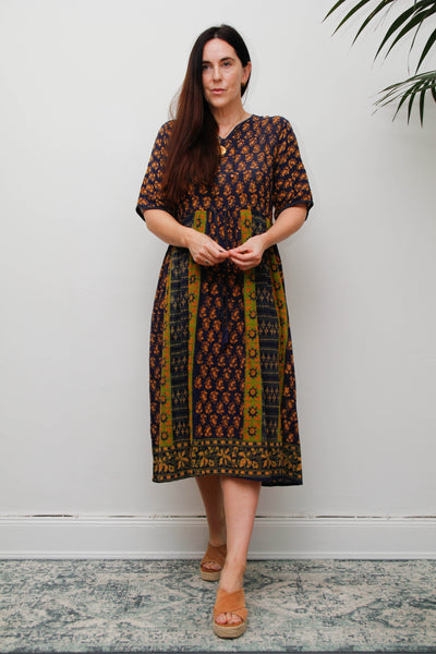 Rare 1970s Indian Block Print Cotton Smock Midi Dress