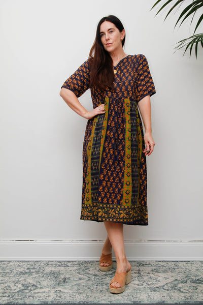 Rare 1970s Indian Block Print Cotton Smock Midi Dress