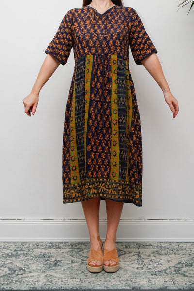 Rare 1970s Indian Block Print Cotton Smock Midi Dress