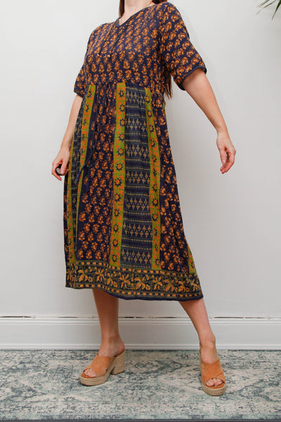 Rare 1970s Indian Block Print Cotton Smock Midi Dress
