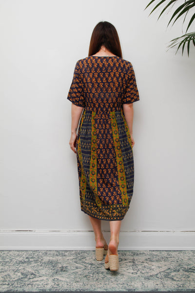 Rare 1970s Indian Block Print Cotton Smock Midi Dress