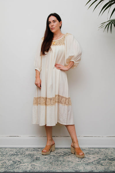 Rare 1970s Roberta Vercellino Cheesecloth Cotton Bohemian Smock Dress