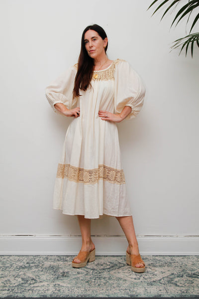 Rare 1970s Roberta Vercellino Cheesecloth Cotton Bohemian Smock Dress