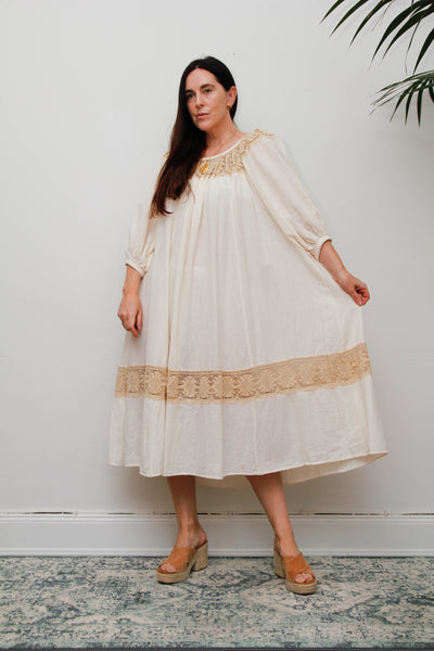 Rare 1970s Roberta Vercellino Cheesecloth Cotton Bohemian Smock Dress