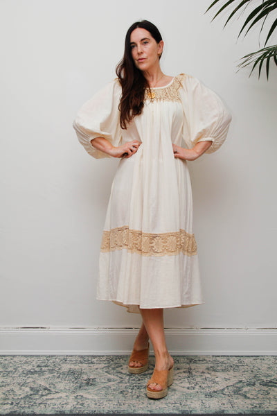 Rare 1970s Roberta Vercellino Cheesecloth Cotton Bohemian Smock Dress