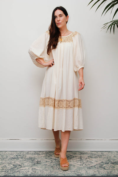 Rare 1970s Roberta Vercellino Cheesecloth Cotton Bohemian Smock Dress