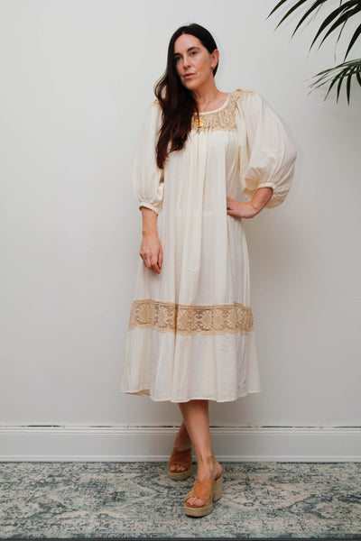 Rare 1970s Roberta Vercellino Cheesecloth Cotton Bohemian Smock Dress