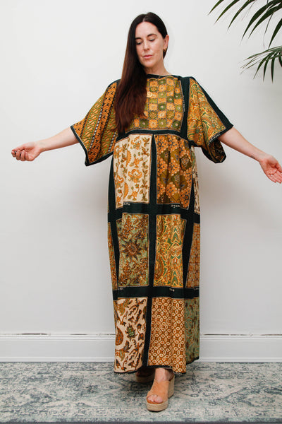 Vintage 1970s Patchwork Print Kaftan Maxi Dress